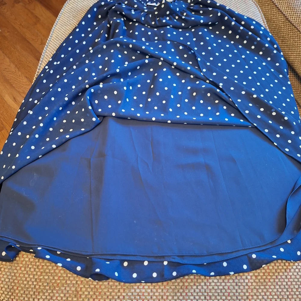Chaus Vintage Sheer Navy and White Polka Dot Blouse And Adjustable Waist Skirt